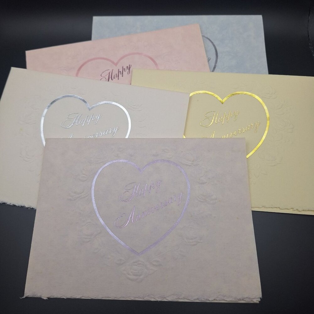 Vintage Embossed Anniversary‎ Greeting Cards Set Of 5 Assorted Colors Envelopes